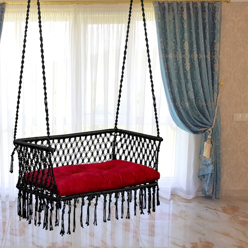 Patiofy Double Seater Swing Chair Arm RestHanging Hammock For 2 PeopleJhula Adults2 Balcony200Kg Weight Holding CapacityHanging Kit Cushion IncludedBlack Polyester - Image 1