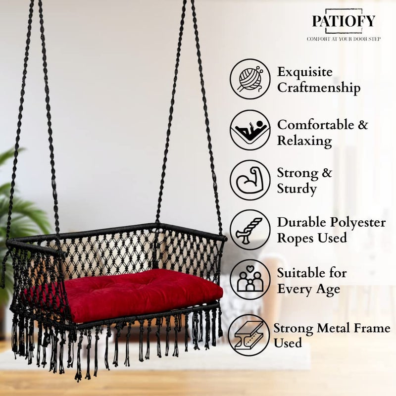 Patiofy Double Seater Swing Chair Arm RestHanging Hammock For 2 PeopleJhula Adults2 Balcony200Kg Weight Holding CapacityHanging Kit Cushion IncludedBlack Polyester - Image 4