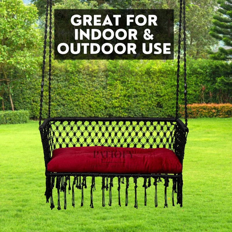Patiofy Double Seater Swing Chair Arm RestHanging Hammock For 2 PeopleJhula Adults2 Balcony200Kg Weight Holding CapacityHanging Kit Cushion IncludedBlack Polyester - Image 2