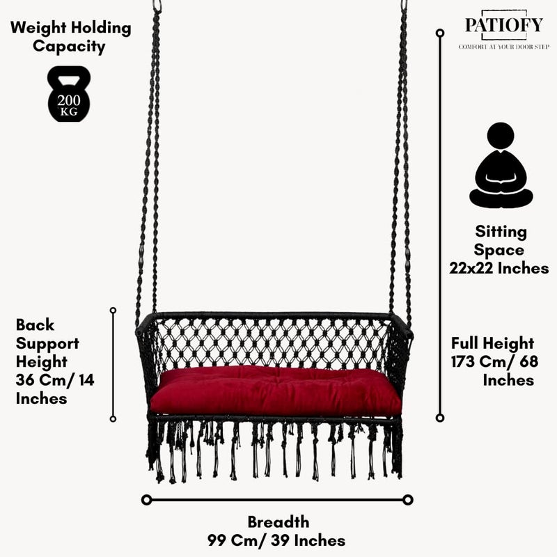 Patiofy Double Seater Swing Chair Arm RestHanging Hammock For 2 PeopleJhula Adults2 Balcony200Kg Weight Holding CapacityHanging Kit Cushion IncludedBlack Polyester - Image 3