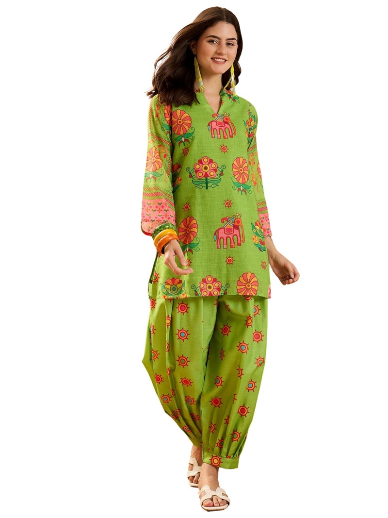 EthnicJunction Women's Linen Floral Print Summer Wear Straight Short Kurti with Afghani Pant Set | Kurta Pant Set | Office wear Kurta Set | Vacation wear Kurta Set Parrot Green - Image 1