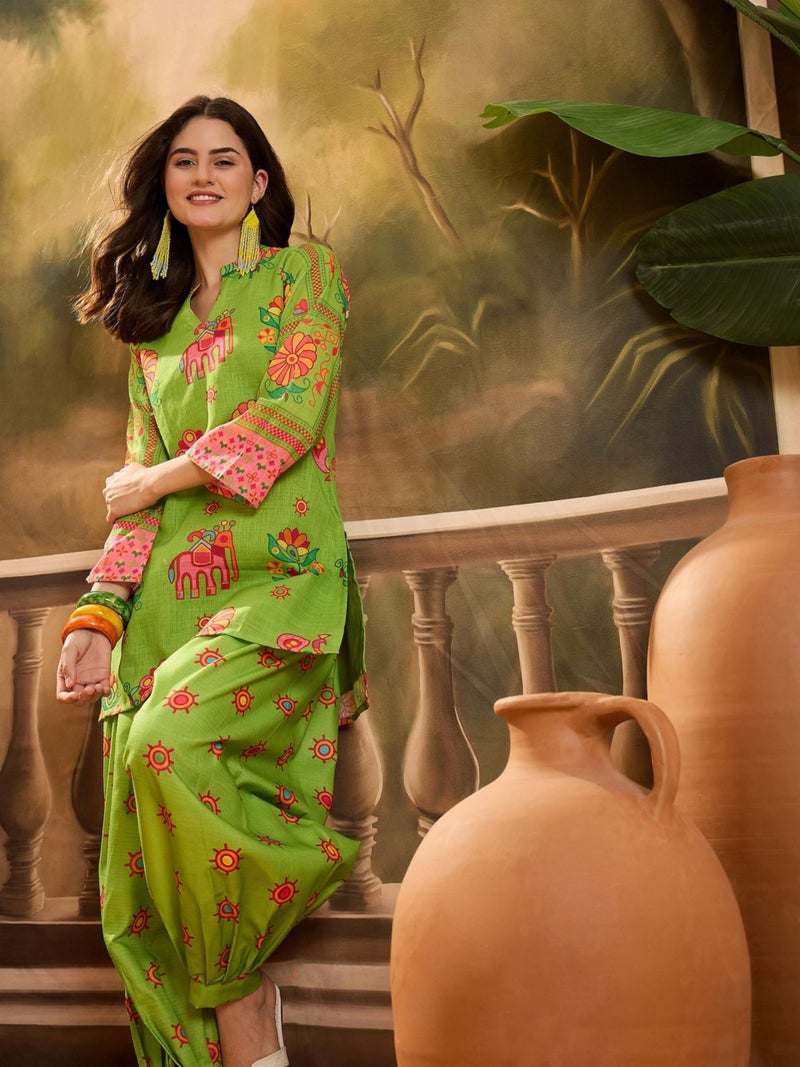 EthnicJunction Women's Linen Floral Print Summer Wear Straight Short Kurti with Afghani Pant Set | Kurta Pant Set | Office wear Kurta Set | Vacation wear Kurta Set Parrot Green - Image 2