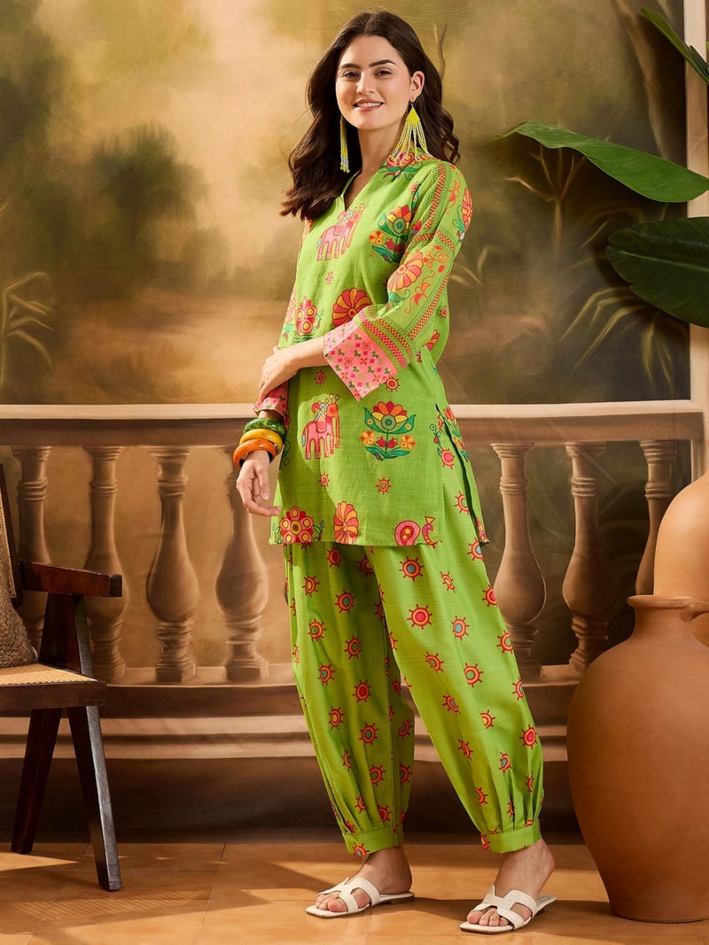 EthnicJunction Women's Linen Floral Print Summer Wear Straight Short Kurti with Afghani Pant Set | Kurta Pant Set | Office wear Kurta Set | Vacation wear Kurta Set Parrot Green - Image 5