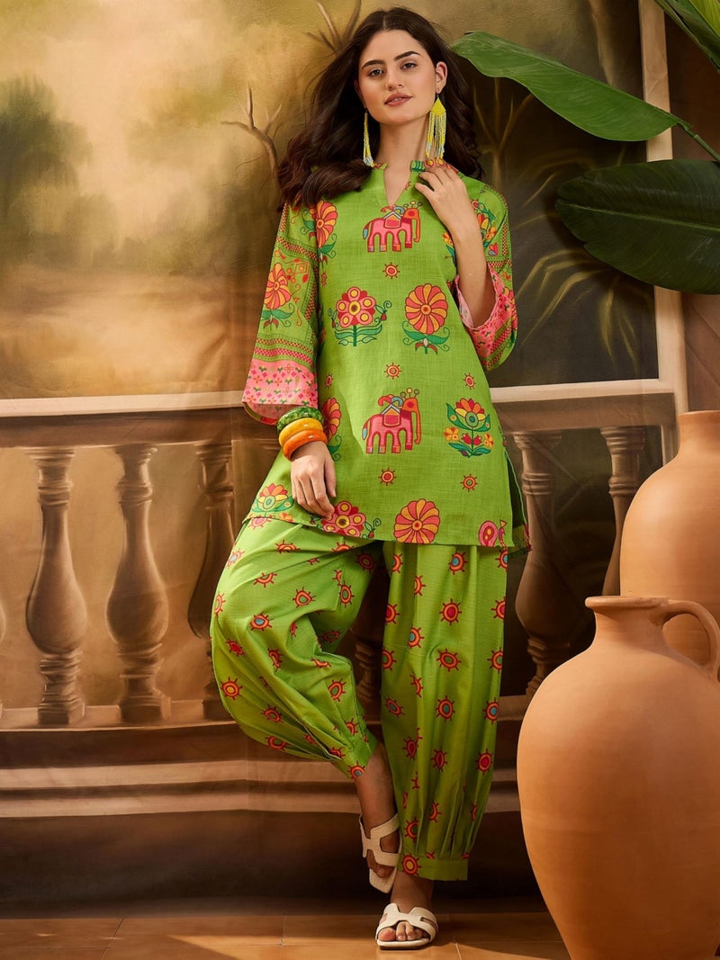 EthnicJunction Women's Linen Floral Print Summer Wear Straight Short Kurti with Afghani Pant Set | Kurta Pant Set | Office wear Kurta Set | Vacation wear Kurta Set Parrot Green - Image 4