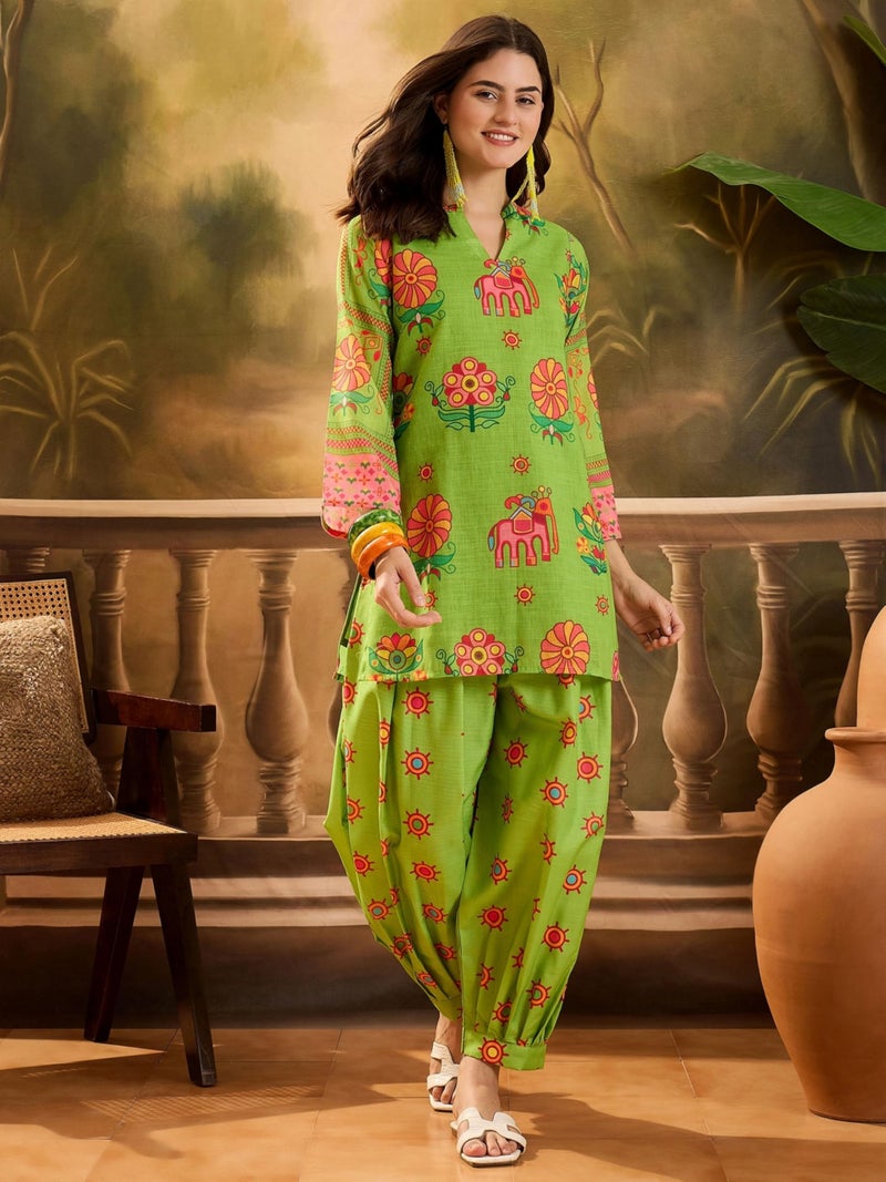 EthnicJunction Women's Linen Floral Print Summer Wear Straight Short Kurti with Afghani Pant Set | Kurta Pant Set | Office wear Kurta Set | Vacation wear Kurta Set Parrot Green - Image 3