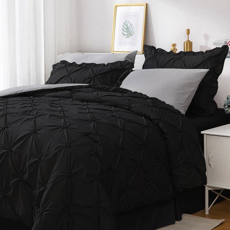 JOLLYVOGUE King Size Comforter Set 7 Pieces Black Bed in a Bag Comforter Set for Bedroom Beddding Sets with Comforter SheetsRuffled Shams  Pillowcases