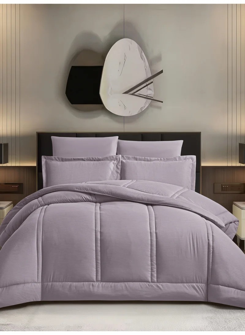 Donetella Bedding Comforter Set King Size, 6-Pcs Bed Set Fits 200x200 Cms -Hotel Striped  Bedding Set-All Season- Brushed Microfiber (طقم مفرش سرير فندقي)