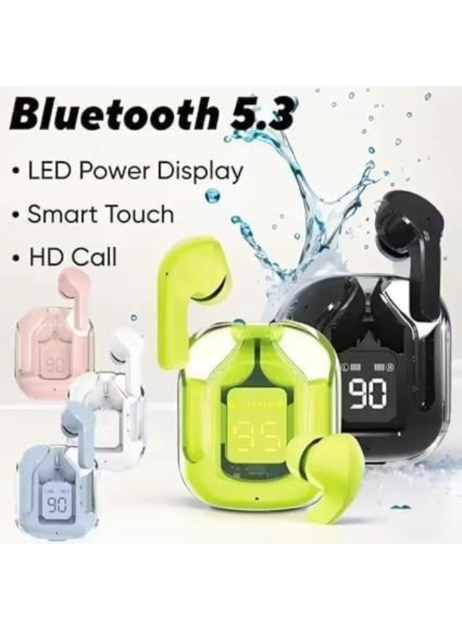 Wireless sports earbuds with digital display, neon green color, sweat-resistant design - Image 2