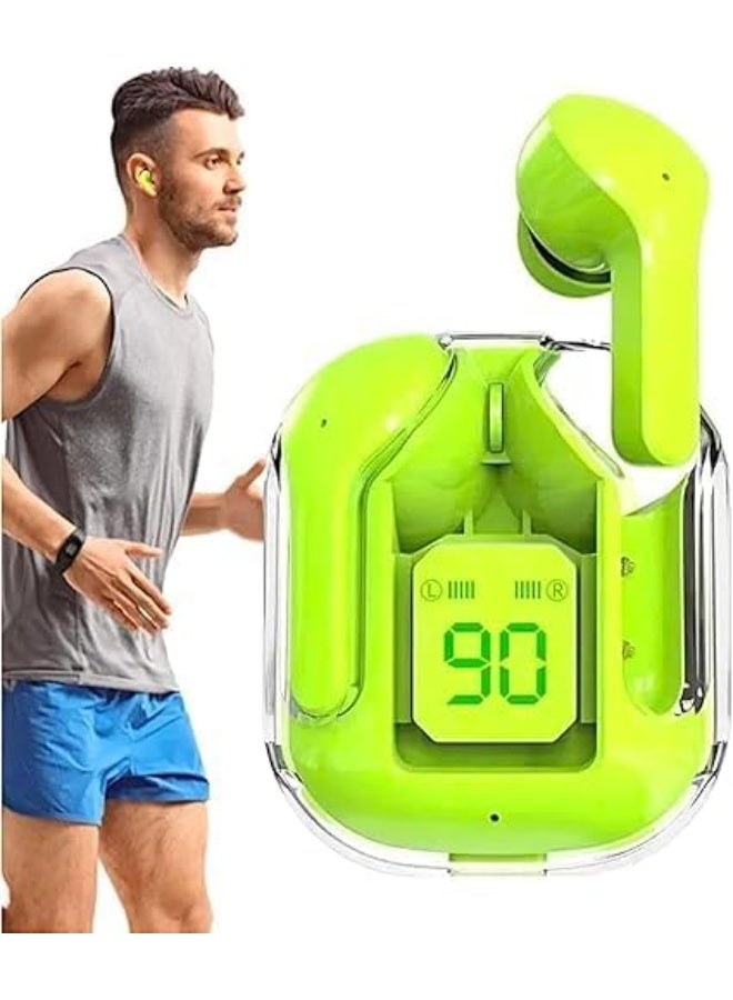 Wireless sports earbuds with digital display, neon green color, sweat-resistant design - Image 3