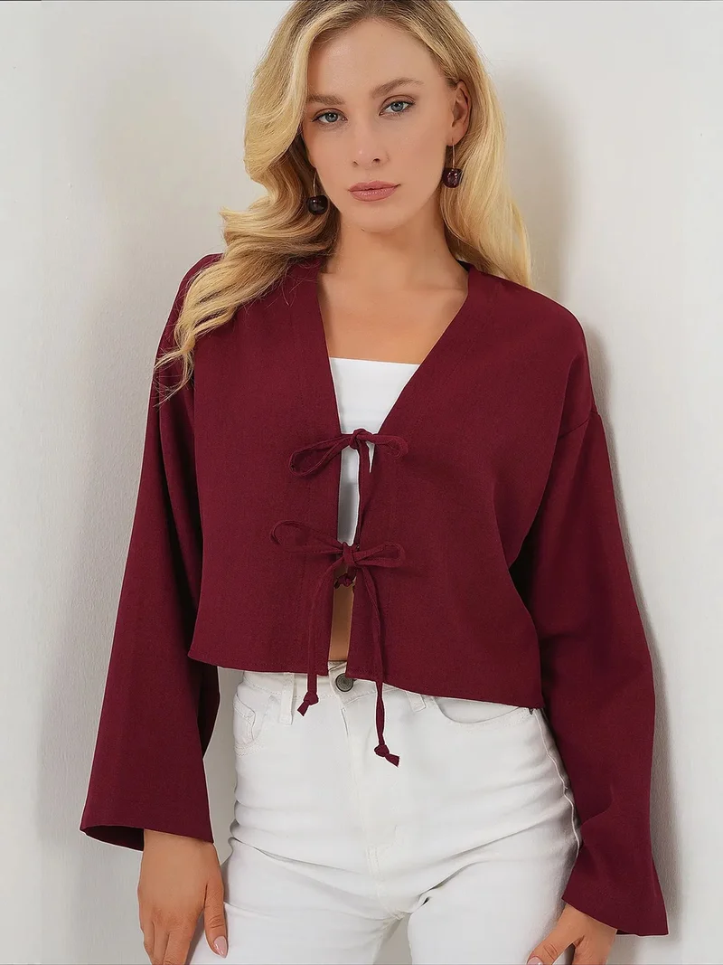 Big Dart Burgundy Red BDART Viscose Blend V-Neck Long Sleeve Kimono with Binding Detail for Women | Best Price UAE