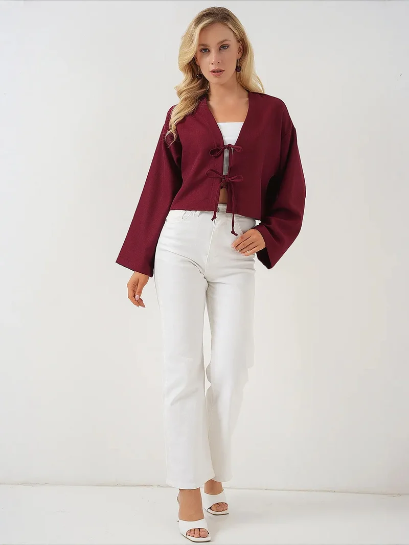 Big Dart Burgundy Red BDART Viscose Blend V-Neck Long Sleeve Kimono with Binding Detail for Women | Best Price UAE