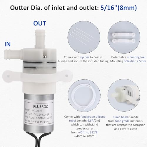 PlusRoc 12V DC Small Water Transfer Pump 1.3LPM Mini Self Priming Micro Pump with Food Grade Pipe and Power Adapter, For Ice Maker Coffee Machine Water Dispenser - Image 3