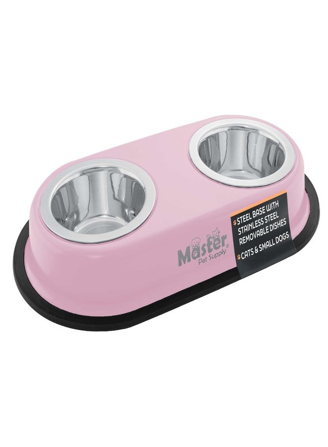Master Pet Supply Double Dog Bowls Set with Elevated Base and 2 (8 oz) Stainless Steel Removable Dishes (Rose Quartz) - Double Cat Food Water Bowl, Dog Puppy Food Bowl Set, Rust Resistant - Image 1