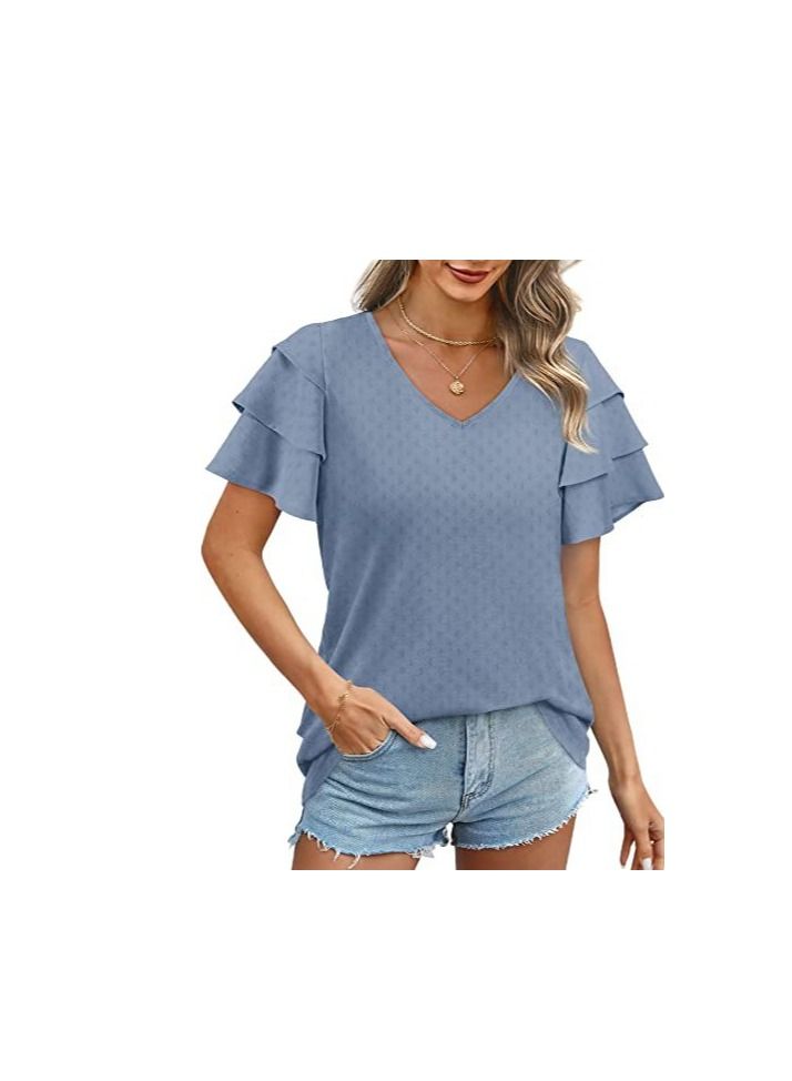 Loquat New Women's V-neck Multi-layer Lotus Sleeve Loose Casual Short Sleeve T-Shirt  - Image 1