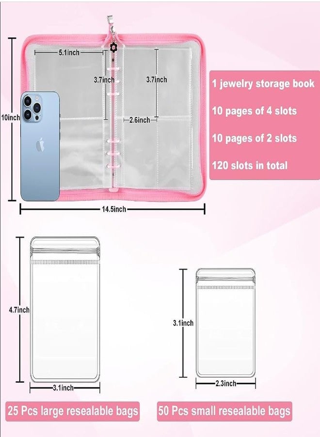 PREPSTO Travel Jewelry Organizer Jewelry Storage Box with Pocket Traveling Necklace Earring Organizer with Zipper for Ring, Bracelets, Stud,Necklace with 70 Grids /60 Thicken PVC Zipper Bags (Pink) - Image 3