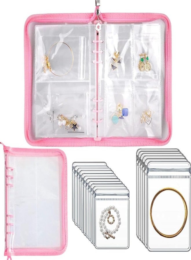 PREPSTO Travel Jewelry Organizer Jewelry Storage Box with Pocket Traveling Necklace Earring Organizer with Zipper for Ring, Bracelets, Stud,Necklace with 70 Grids /60 Thicken PVC Zipper Bags (Pink) - Image 1