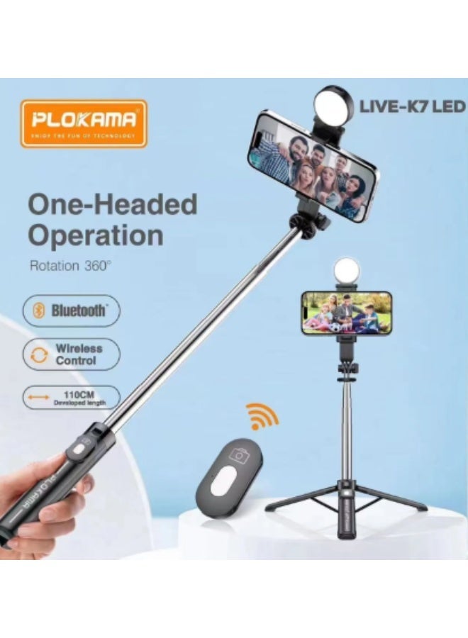 PLOKAMA K7 LED Extendable Selfie Stick Tripod – Portable Phone Stand for iPhone & Android Perfect for Travel & Content Creation - Image 1
