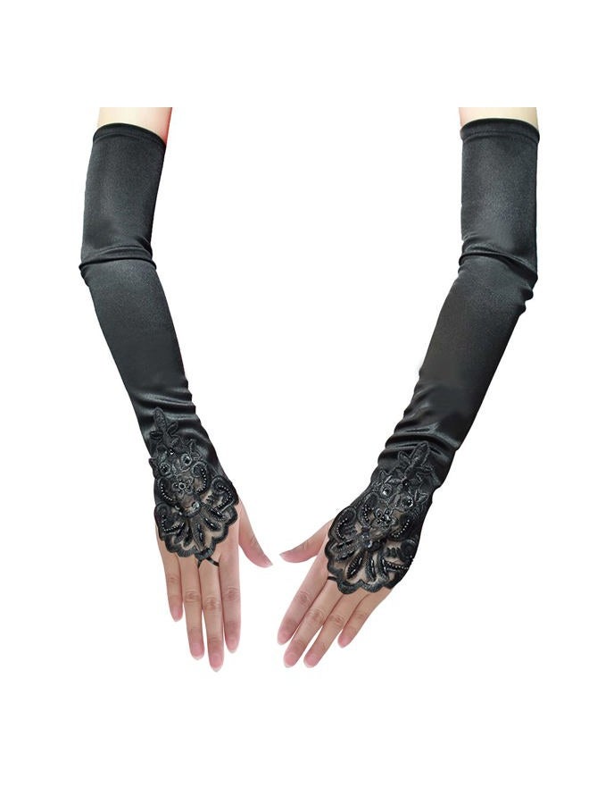 monochef Women's Long Opera Party 20s Satin Gloves Stretchy Adult Size Elbow Length 19" Wedding Bridal Dance Gloves 1920s, Black, M - Image 1