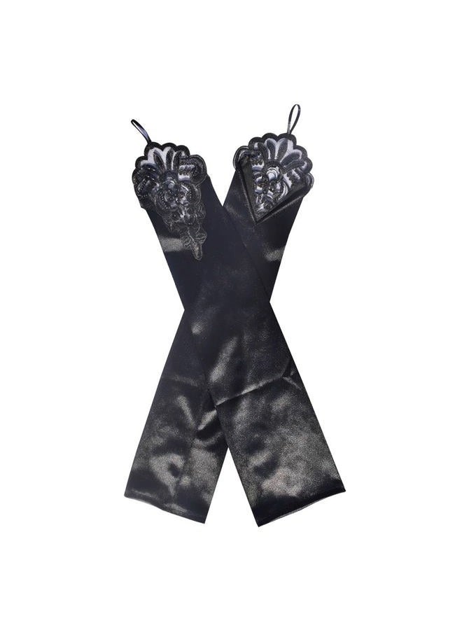 monochef Women's Long Opera Party 20s Satin Gloves Stretchy Adult Size Elbow Length 19" Wedding Bridal Dance Gloves 1920s, Black, M - Image 3