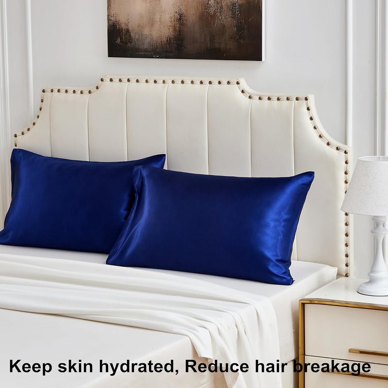 URLINENS غطاء وسادة من الساتان للشعر والبشرة، مجموعة نوم من حرير نباتي فائقة النعومة - 2 غطاء وسادة من الساتان مقاس قياسي، 1 قناع عين، 1 ربطة شعر، مجموعة روتين ليلي أساسية من الساتان للعناية الذاتية، أزرق داكن - Image 2