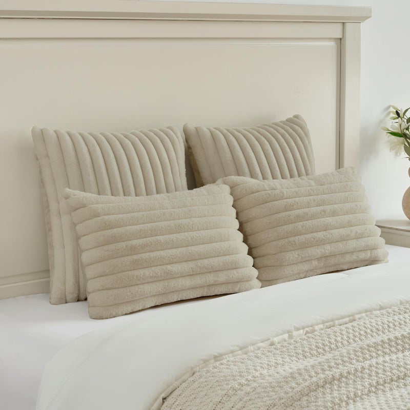 FUTEI Beige Throw Pillow Covers Set of 2, 18x18 Inch Soft Faux Rabbit Fur Striped Texture Cushion Cases, Modern Decorative Couch Pillows for Living Room Bed - Image 5