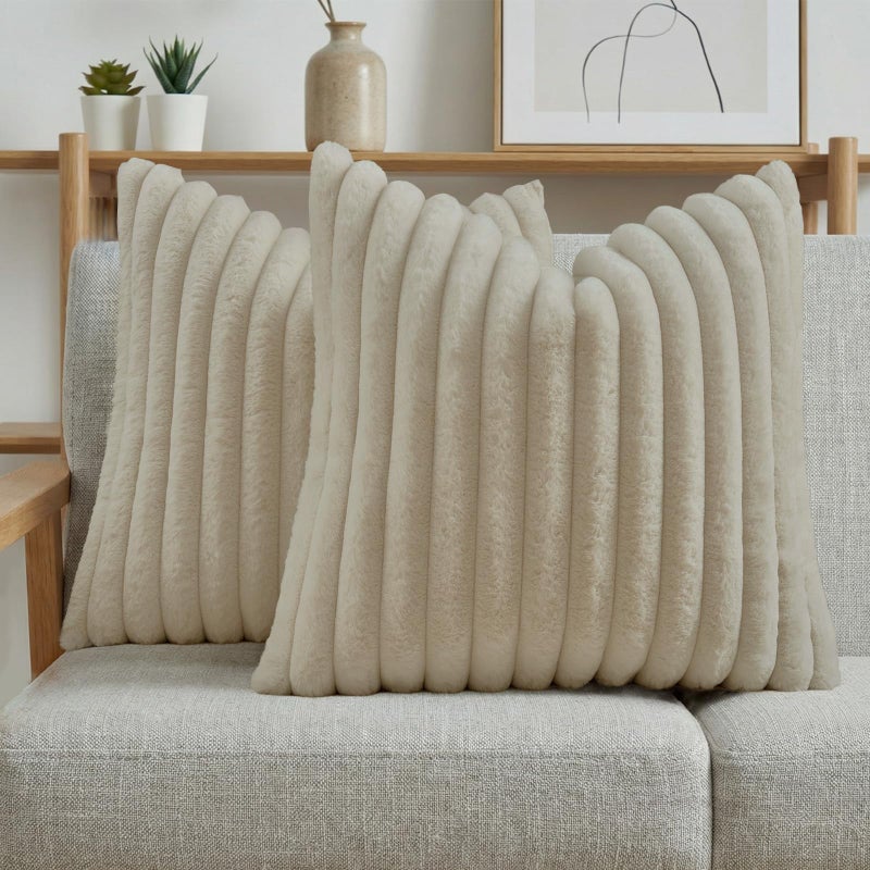 FUTEI Beige Throw Pillow Covers Set of 2, 18x18 Inch Soft Faux Rabbit Fur Striped Texture Cushion Cases, Modern Decorative Couch Pillows for Living Room Bed - Image 1