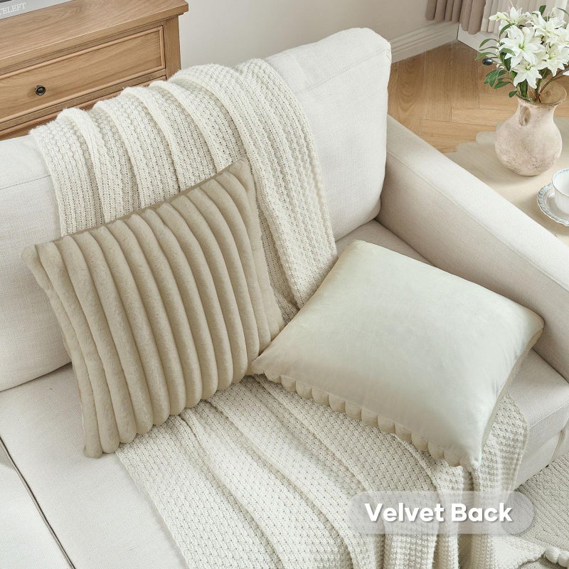 FUTEI Beige Throw Pillow Covers Set of 2, 18x18 Inch Soft Faux Rabbit Fur Striped Texture Cushion Cases, Modern Decorative Couch Pillows for Living Room Bed - Image 4