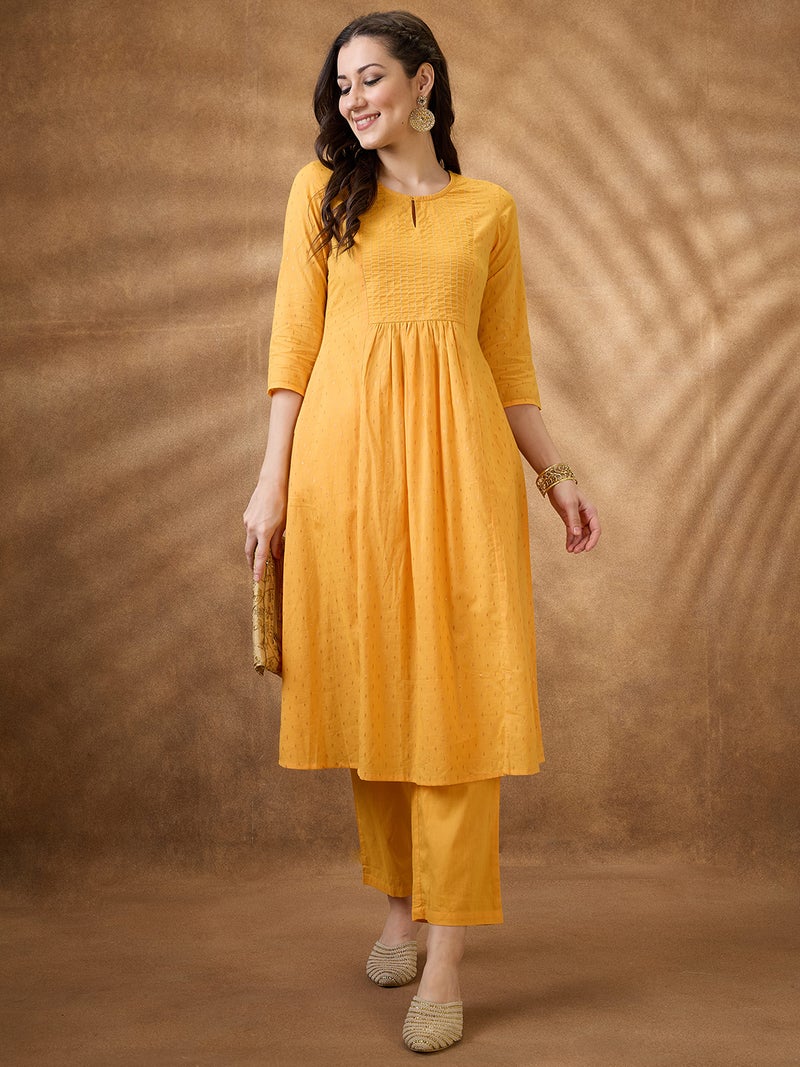 globus Globus Women Yellow Keyhole Neck Zari Embroidered Yoke Woven Design Pleated A-Line Kurta With Pants Festive Set  - Image 1