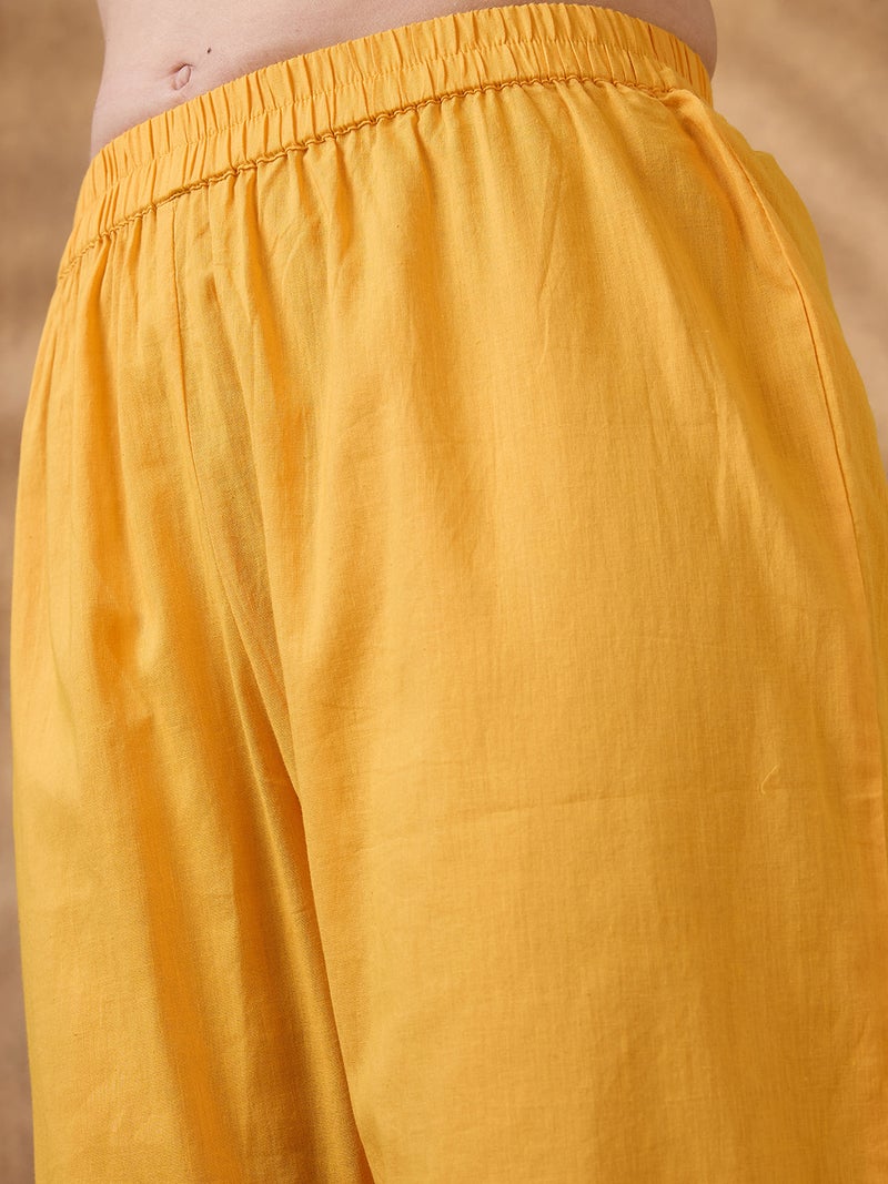 globus Globus Women Yellow Keyhole Neck Zari Embroidered Yoke Woven Design Pleated A-Line Kurta With Pants Festive Set  - Image 5