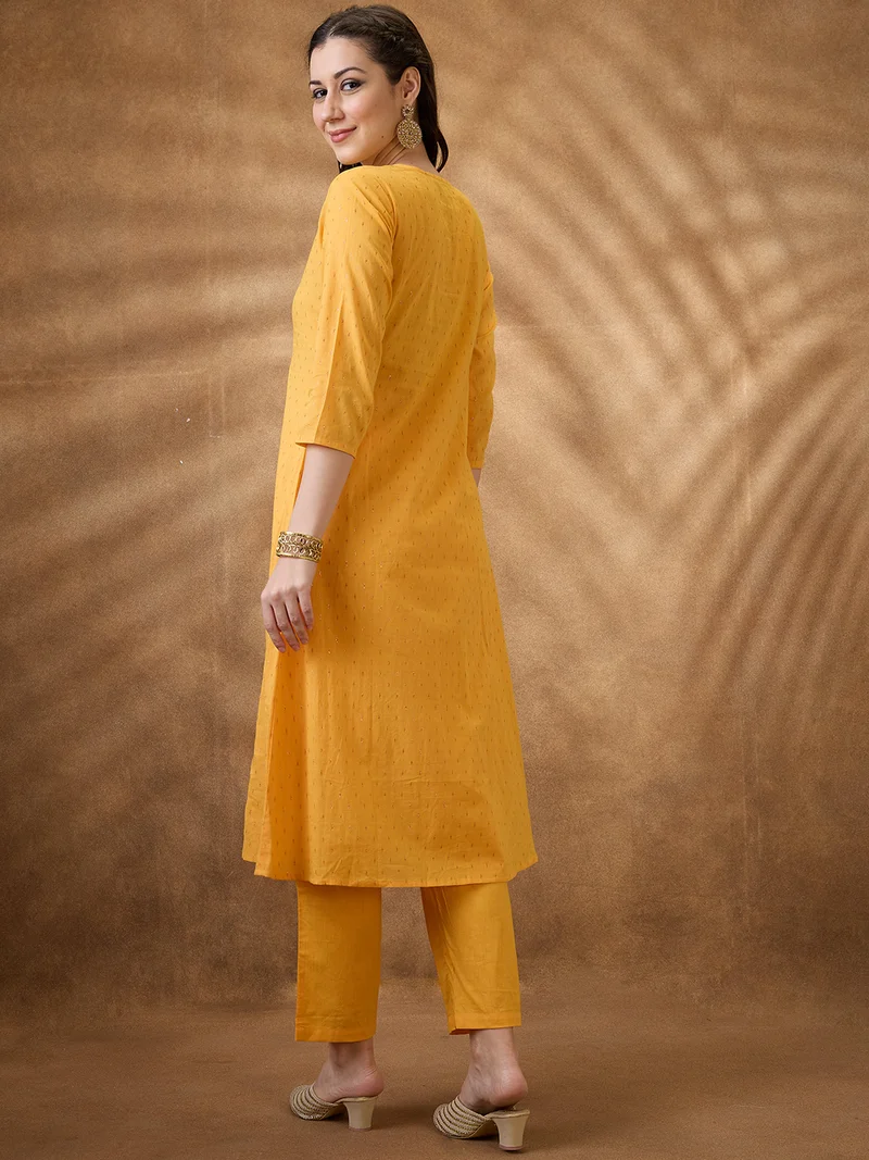 globus Women Yellow Keyhole Neck Zari Embroidered Yoke Woven Design Pleated A-Line Kurta With Pants Festive Set