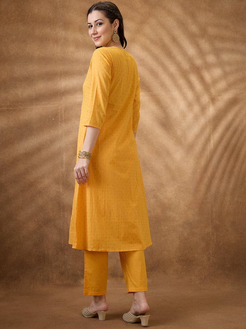 globus Globus Women Yellow Keyhole Neck Zari Embroidered Yoke Woven Design Pleated A-Line Kurta With Pants Festive Set  - Image 3