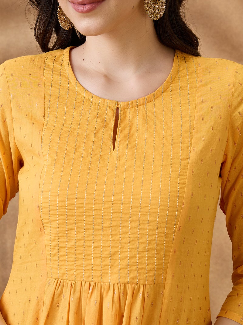 globus Globus Women Yellow Keyhole Neck Zari Embroidered Yoke Woven Design Pleated A-Line Kurta With Pants Festive Set  - Image 4