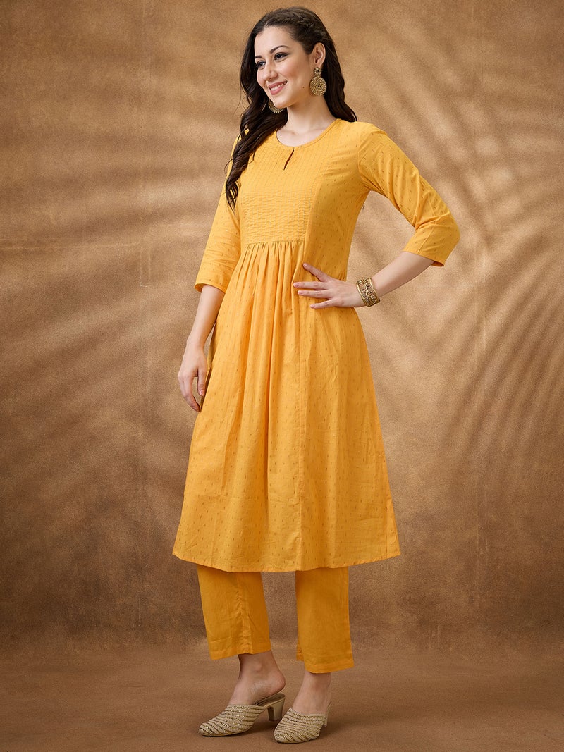 globus Globus Women Yellow Keyhole Neck Zari Embroidered Yoke Woven Design Pleated A-Line Kurta With Pants Festive Set  - Image 2