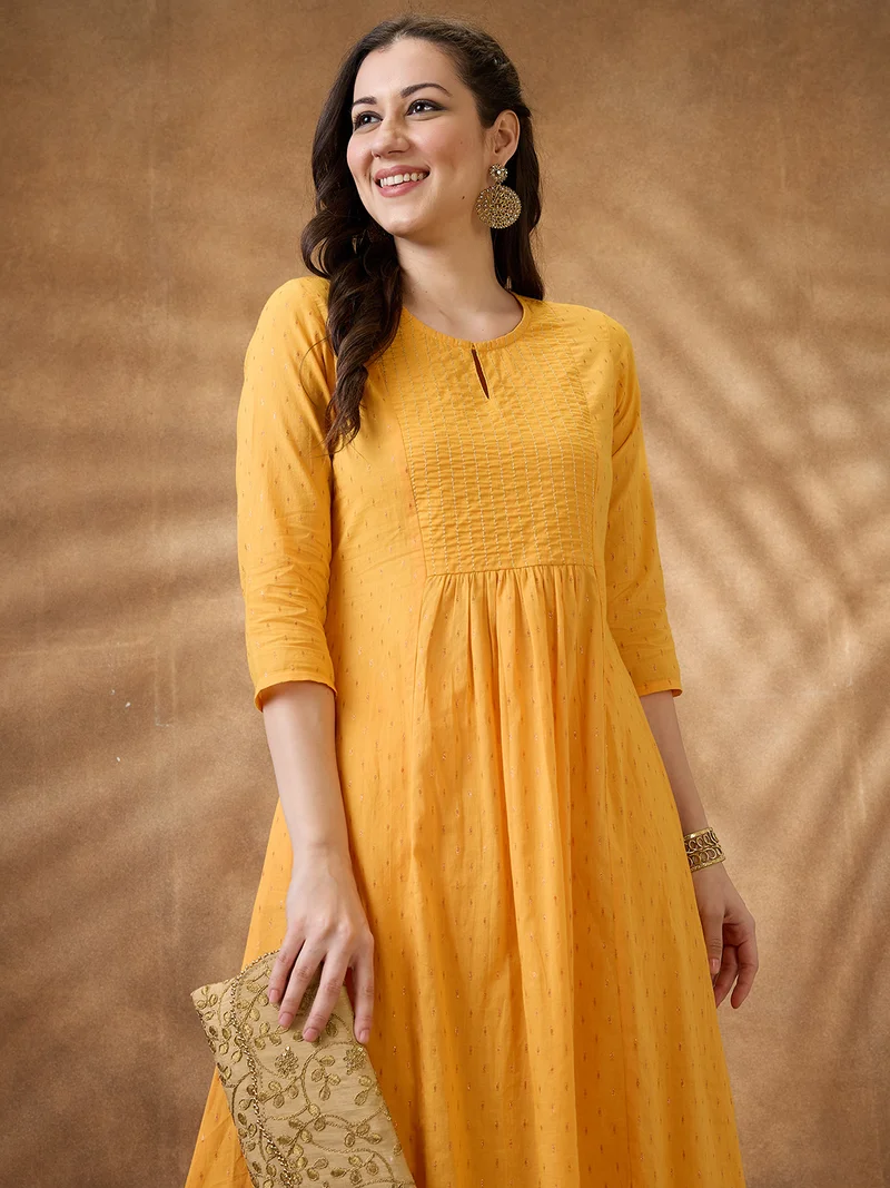 globus Women Yellow Keyhole Neck Zari Embroidered Yoke Woven Design Pleated A-Line Kurta With Pants Festive Set