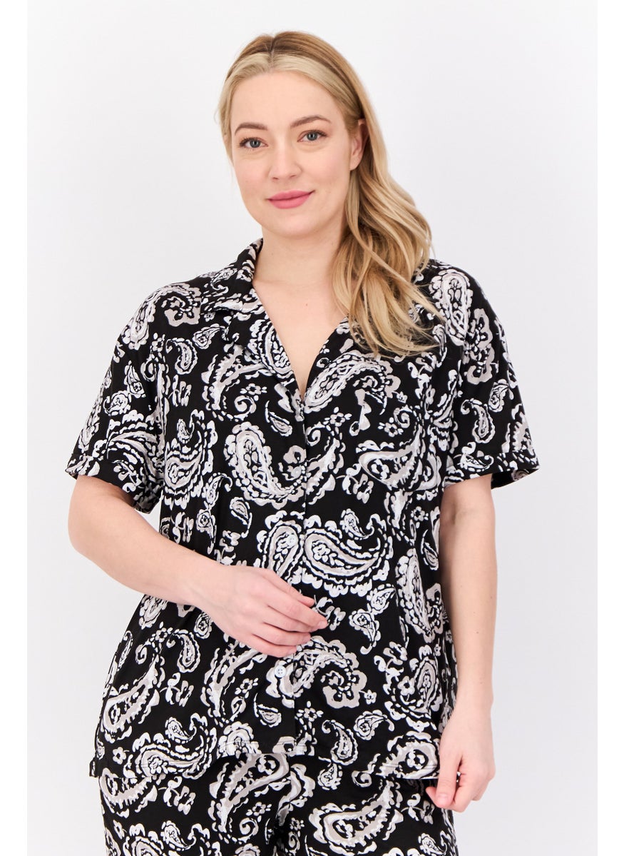 ELLEN TRACY Women 2 Pieces Paisley Pajama Set, Black  - Image 3