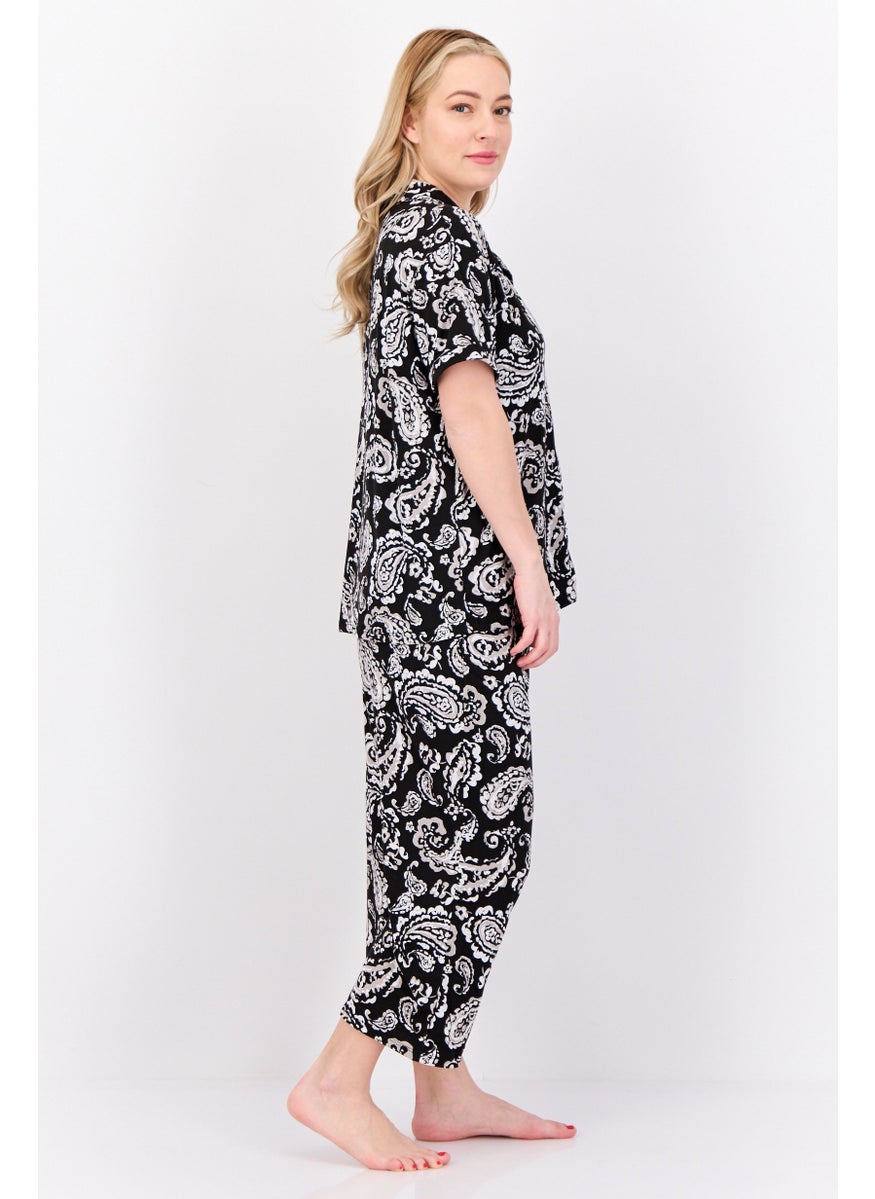 ELLEN TRACY Women 2 Pieces Paisley Pajama Set, Black  - Image 2