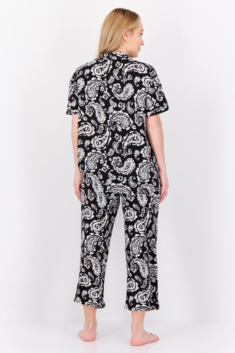 ELLEN TRACY طقم بيجاما نسائي من قطعتين بنقشة بايزيلي، أسود - Image 4