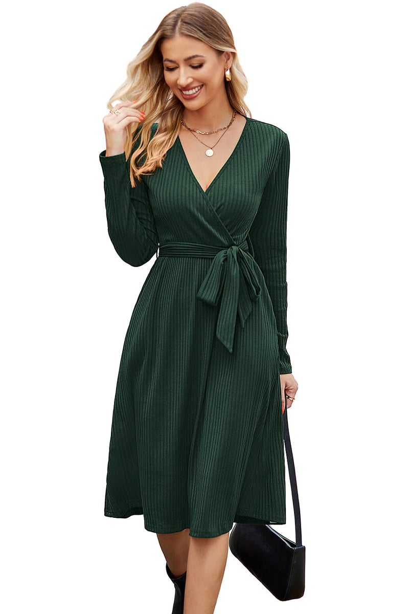 Newshows Womens 2025 Fall Dresses Teacher Church Business Casual Work Outfits Knit Midi Sweater Pockets Belt Dress(Dark Green, L) - Image 1