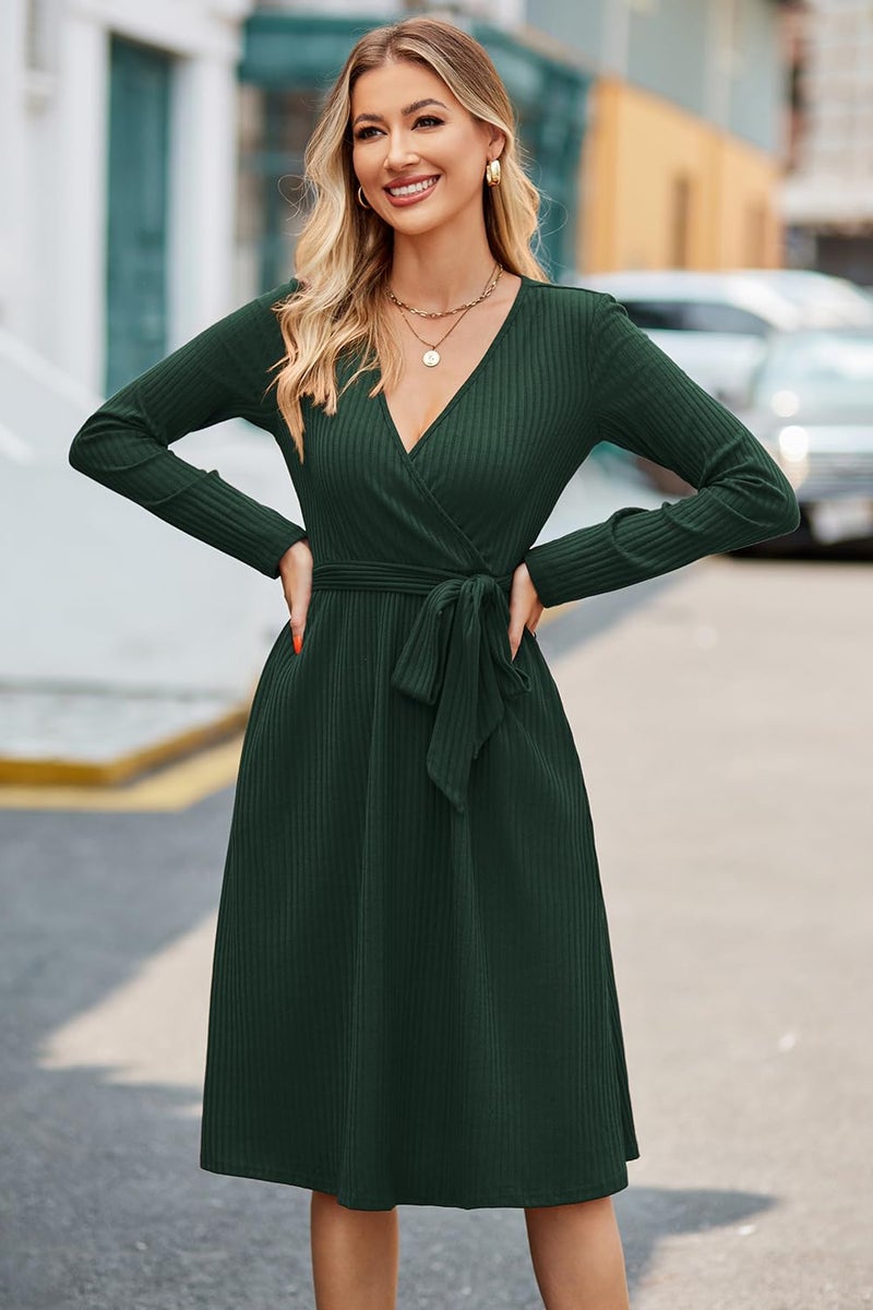 Newshows Womens 2025 Fall Dresses Teacher Church Business Casual Work Outfits Knit Midi Sweater Pockets Belt Dress(Dark Green, L) - Image 2