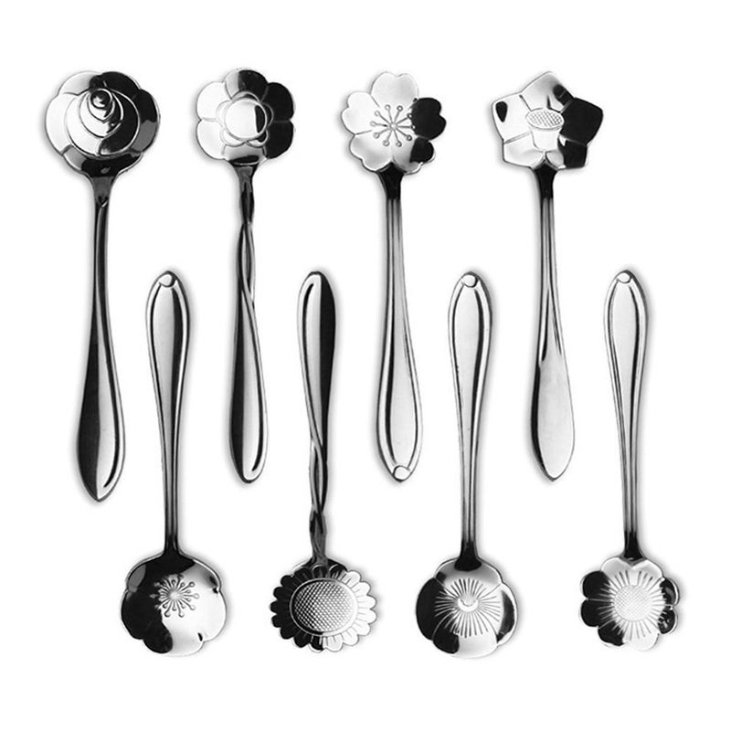 Ercrysto Stainless Steel Tableware Creative Flower Coffee Spoon Stirring Spoon Sugar Spoon Stir Bar Spoon Mixing Spoon Tea Spoon Ice Tea Spoon Ice Cream Spoons 8 Different Patterns In 1 Set - Image 1