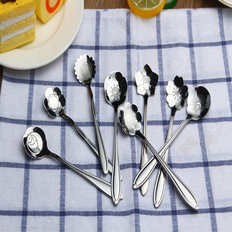 Ercrysto Stainless Steel Tableware Creative Flower Coffee Spoon Stirring Spoon Sugar Spoon Stir Bar Spoon Mixing Spoon Tea Spoon Ice Tea Spoon Ice Cream Spoons 8 Different Patterns In 1 Set - Image 4