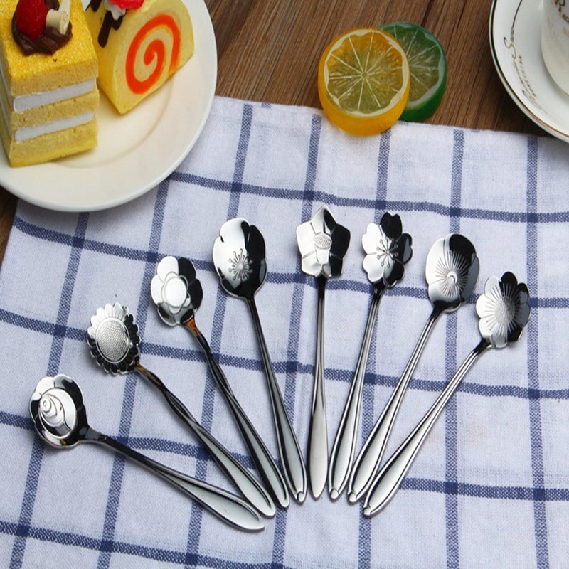 Ercrysto Stainless Steel Tableware Creative Flower Coffee Spoon Stirring Spoon Sugar Spoon Stir Bar Spoon Mixing Spoon Tea Spoon Ice Tea Spoon Ice Cream Spoons 8 Different Patterns In 1 Set - Image 3