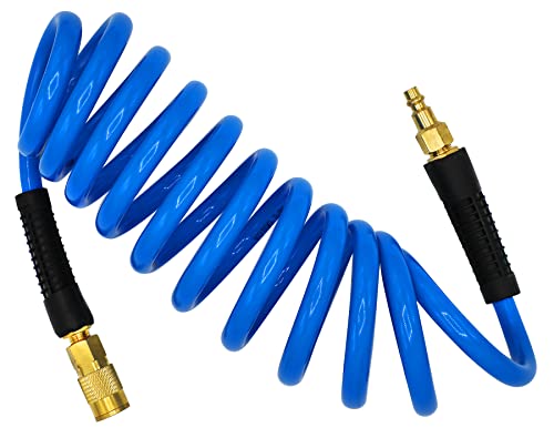 YOTOO Polyurethane Recoil Air Hose 3/8" Inner Diameter by 10' Long with Bend Restrictor, Repairable 1/4" Industrial Quick Coupler and Plug, Blue - Image 1