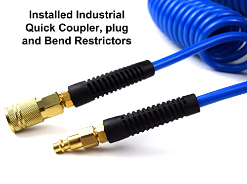 YOTOO Polyurethane Recoil Air Hose 3/8" Inner Diameter by 10' Long with Bend Restrictor, Repairable 1/4" Industrial Quick Coupler and Plug, Blue - Image 4