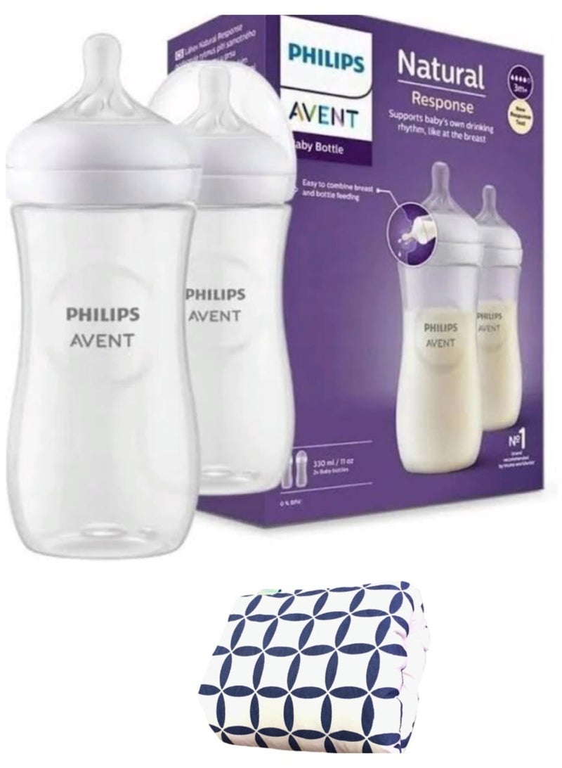 Philips Avent Natural Response Baby Bottles – 2 Pack, 3m+, 330ml+Komkom Nursing Pillow Gift ( - Image 1