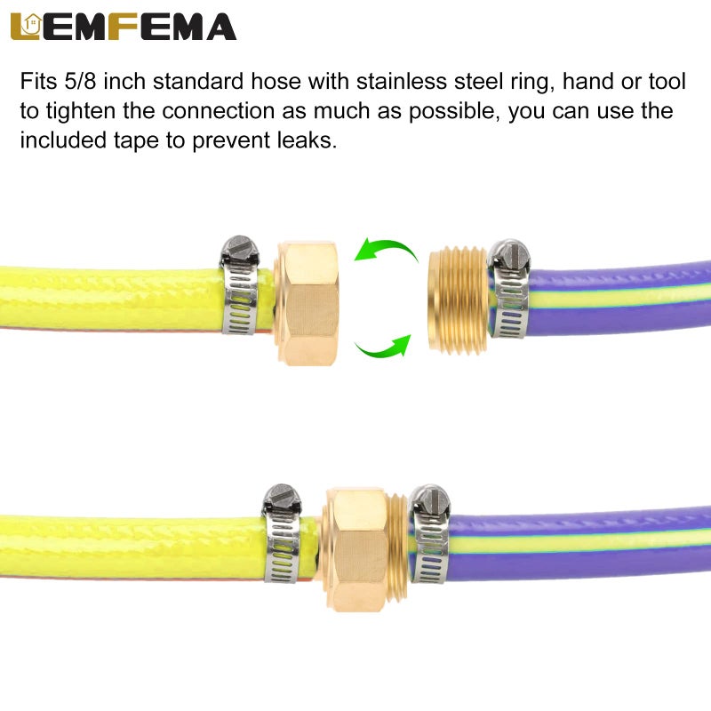 Lemfema 4 Sets 5/8 Inch Garden Hose Connector Repair Kit, Solid Brass Water Hose Coupling Splicer Mender Female and Male Hose Connector with Tape, Stainless Steel Clamp and Rubber Gasket - Image 3