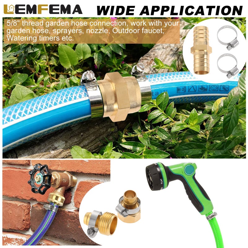 Lemfema 4 Sets 5/8 Inch Garden Hose Connector Repair Kit, Solid Brass Water Hose Coupling Splicer Mender Female and Male Hose Connector with Tape, Stainless Steel Clamp and Rubber Gasket - Image 4