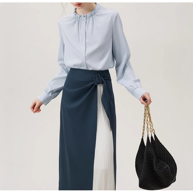 Fansilanen Organ Skirt Design Sense Elegant High-Waisted Straight Patchwork Midi Skirt for Women Clear sky blue shirt