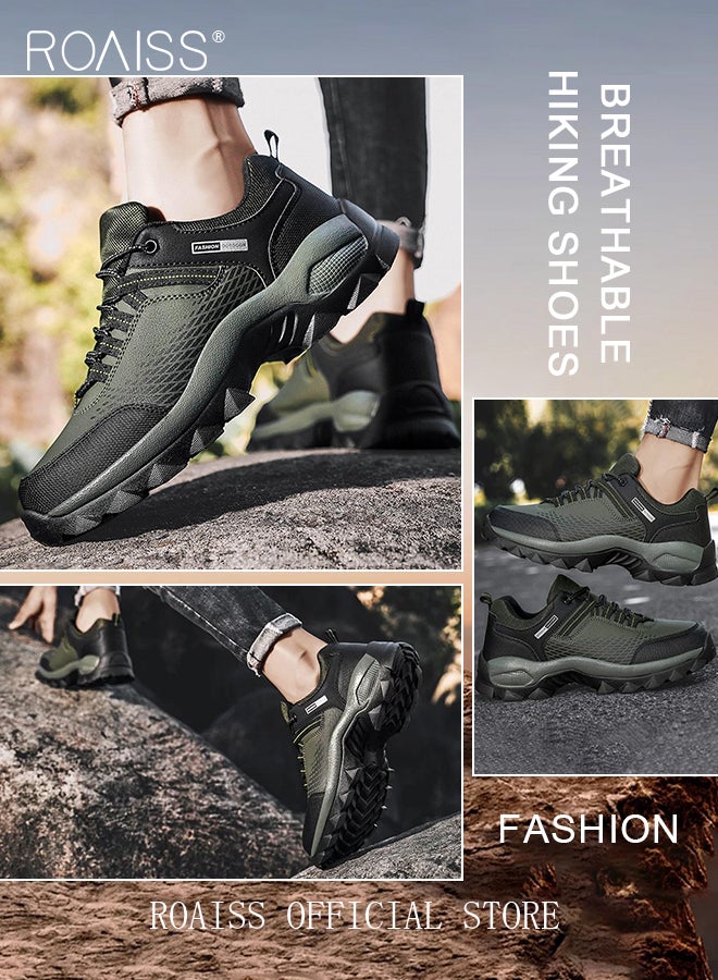 رويس حذاء رجالي كاجوال من الجلد والشبكة يسمح بمرور الهواء، برباط، حذاء رياضي منخفض الرقبة، مريح، غير قابل للانزلاق، متين، ذو مقدمة مستديرة، حذاء للمشي لمسافات طويلة في الهواء الطلق، مناسب للارتداء اليومي، مقاوم للصدمات، لون أخضر - Image 4