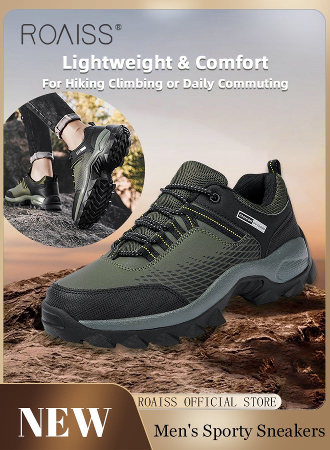 رويس حذاء رجالي كاجوال من الجلد والشبكة يسمح بمرور الهواء، برباط، حذاء رياضي منخفض الرقبة، مريح، غير قابل للانزلاق، متين، ذو مقدمة مستديرة، حذاء للمشي لمسافات طويلة في الهواء الطلق، مناسب للارتداء اليومي، مقاوم للصدمات، لون أخضر - Image 2